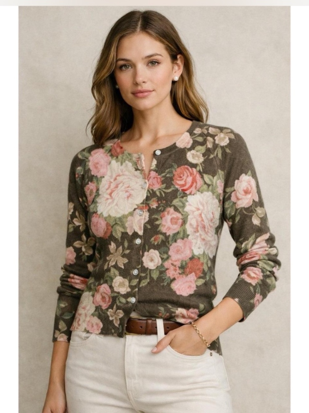 Lauren Ralph Lauren Silk Blend Floral Knit Cardigan Petite Medium